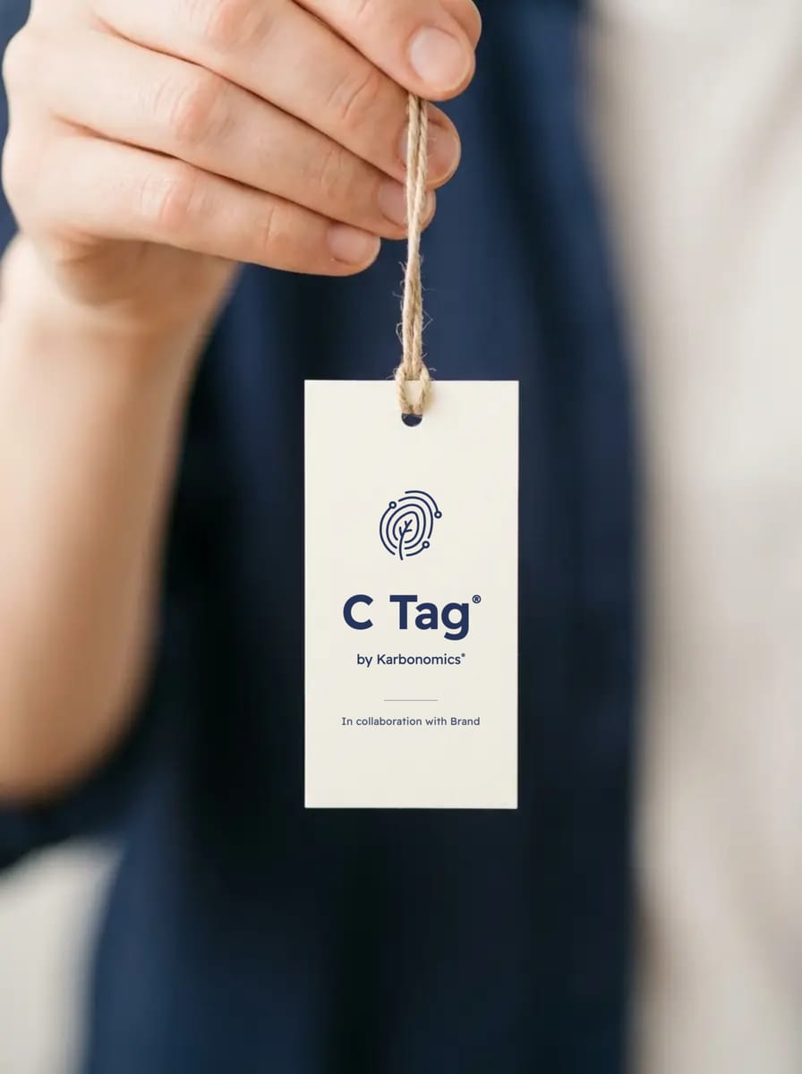 A hand holding a C Tag hang tag on a cord, marked C Tag by Karbonomics.