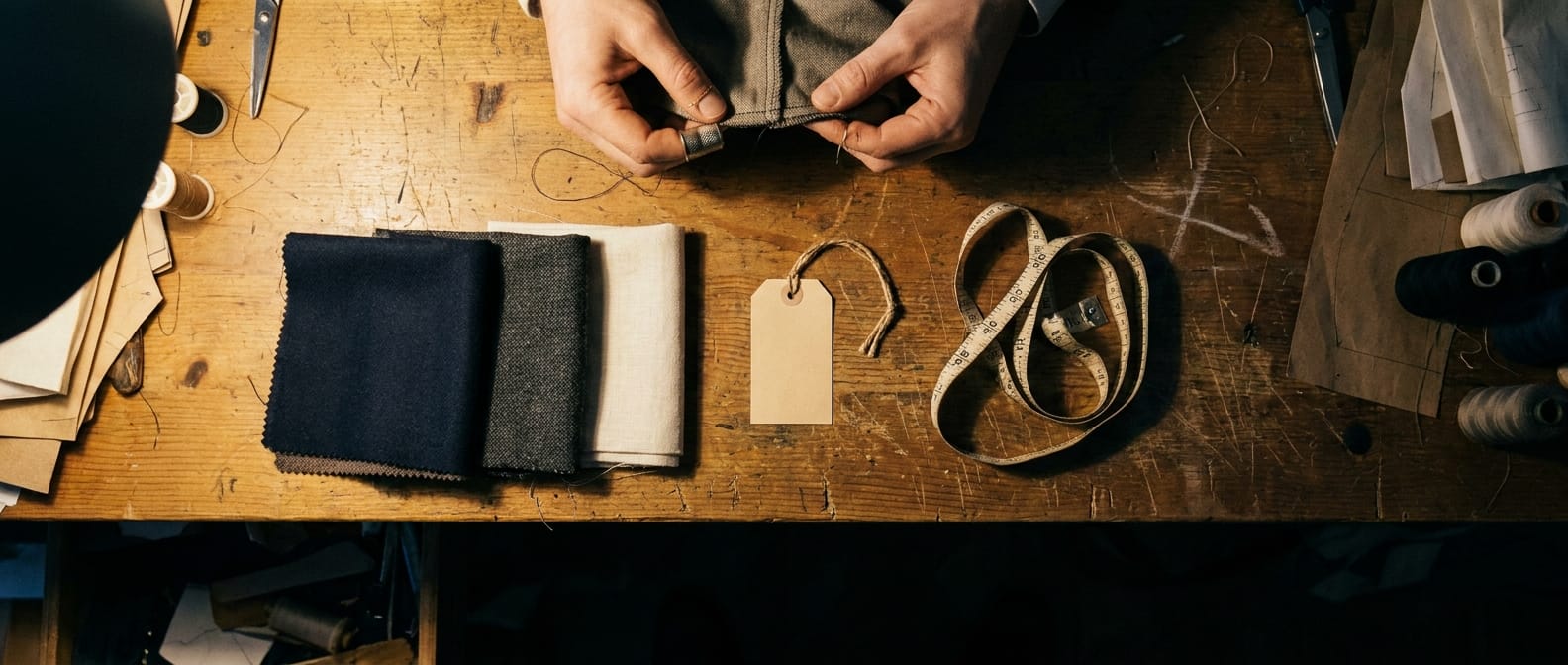 A workbench with folded fabric swatches, a blank paper tag, a measuring tape, and hands examining a seam.
